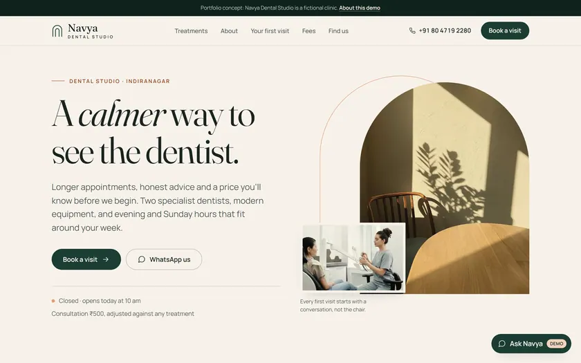 Navya Dental Studio's home page: “A calmer way to see the dentist.”